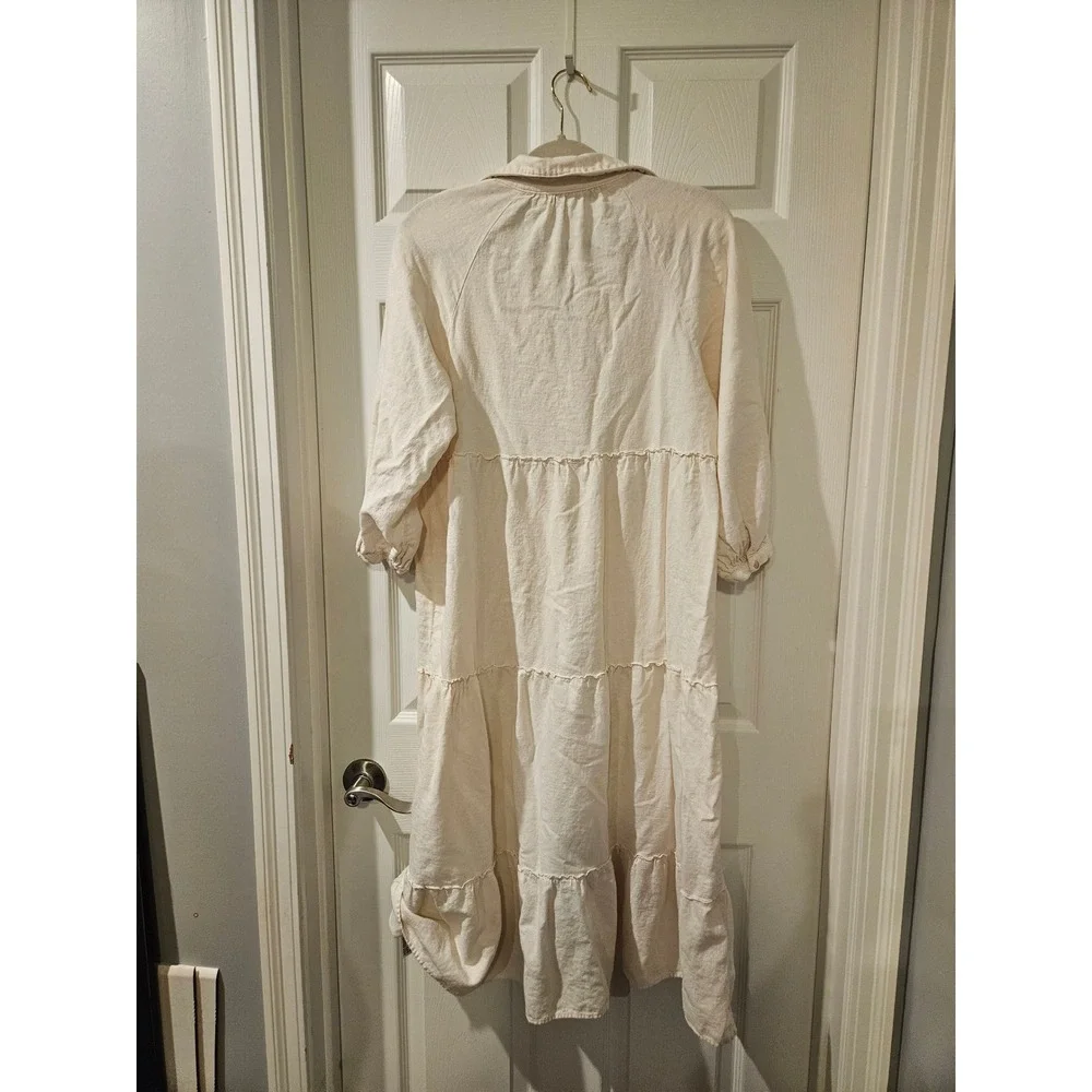 Zara Linen Blend Tiered Midi Dress Small Boho White Ivory Bridal Shower‎ Party